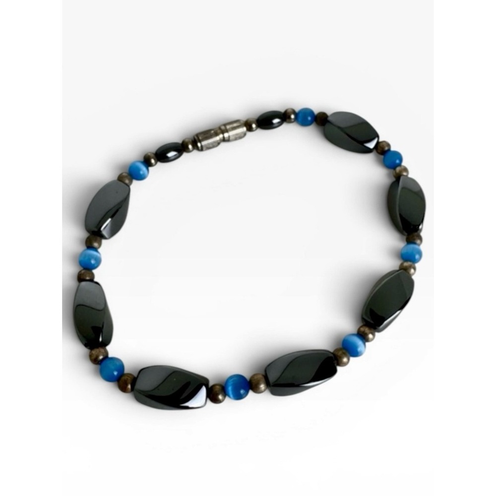 Black Blue Beaded Bracelet Hematite Style Geometric Beads Screw Clasp